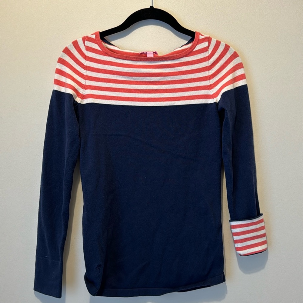 Lilly Pulitzer sweater, size small, navy coral and white